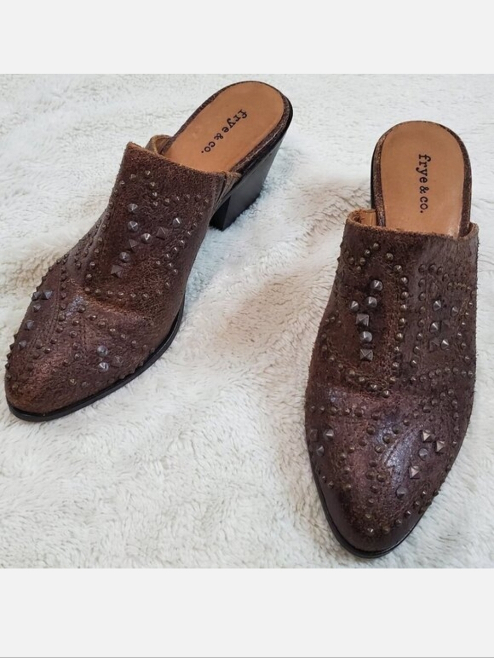 Frye and Co Brown Distressed Leather Studded Heel Mules 7.5 Festival‎ Ren Faire